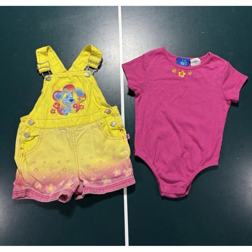 Vintage Blues Clues Overalls Set Girls 4T Pink Denim Shorts Shortalls Rare - Picture 2 of 13